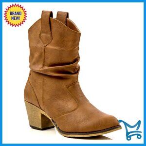 Distressed Cowboy Boots with Pull-Up Tabs, Almond Toe, 2.5-Inch Heel